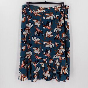 Modcloth Floral Print Skirt Size 2X Button Front Flowy Teal